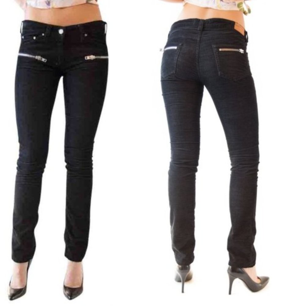 Etoile Isabel Marant Corduroy Zip Pocket Moto Low Rise Slim Pants Black